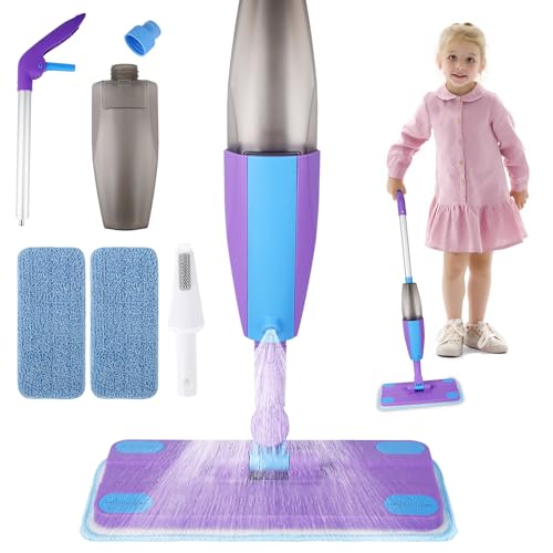 Kids Spray Mop Real Working Toddler Cleaning Set with Water Sprayer & 2 Washable Mop Pads & Scraper Pretend Play Montessori Housekeeping Toys Gifts for Toddlers Kids Girls Boys (Blue&Purple)