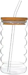 Copo de Vidro Borossilicato com Tampa de Bambu e Canudo – Design Ondulado CLOUD, Sustentável e Reutilizável - 450ml