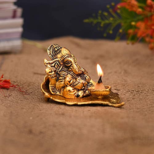 Nobility Ganesha On Leaf Statue Ganesh Idol With Diya For Home Office Pooja Puja Diwali Decorative Wedding Return Gift Items 35 Pcs #TOP4