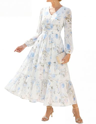 GRACE KARIN Women's Floral Long Sleeve Dress,Elegance Wedding Guest Dresses,Maxi Dress White with Light Blue Flowers XXL