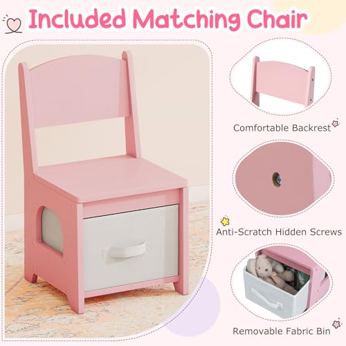 Image of Costzon Kids Vanity with Lights, Girls Vanity Set with Mirror Cabinet, Storage Drawers, Hooks & Shelves, Toddler Makeup Vanity Desk Dressing Table, Wooden Kids Vanity Table and Chair Set (Pink)