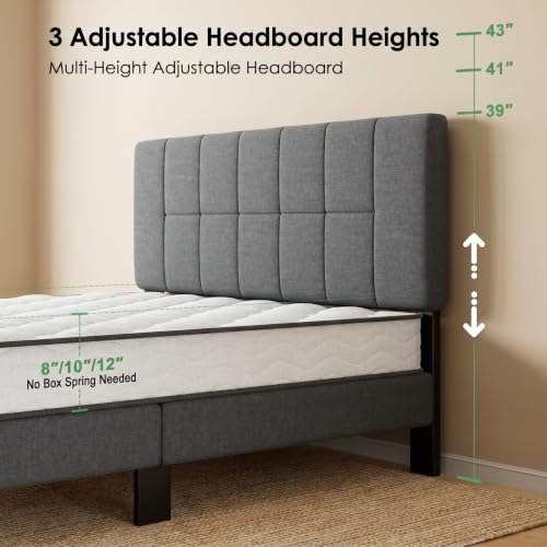 Image of Marsail Queen Size Bed Frame - Upholstered, Adjustable Headboard,6 inch-12 inch Mattress Fit, 1300 lbs Capacity, Sturdy 12-Leg Wood Construction, Easy Assembly, Dark Gray