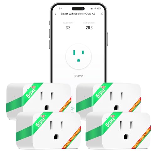 NOUS Wi-Fi Smart Plug 15A Dual-Band 2.4GHz & 5GHz Energy Monitoring Compatible with Alexa Google Home Tuya Smart App Remote Control Timer Compact Design Smart Outlet 4 Pack