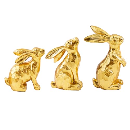 yumhum 3 Gold Easter Bunny Decorations, Resin Rabbit Figurine Small Decorative Bunny Statues for Tabletop Centerpiece Indoor Spring Easter Decor Mantle Decorations