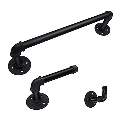 SUNMALL Industrial Pipe Bathroom Hardware Set, Towel Bar Rack, Toilet Paper Holder, Robe Hanger Hook, Vintage Farmhouse DIY Home Decor Bathroom Accessories, 3 Piece Kit Black