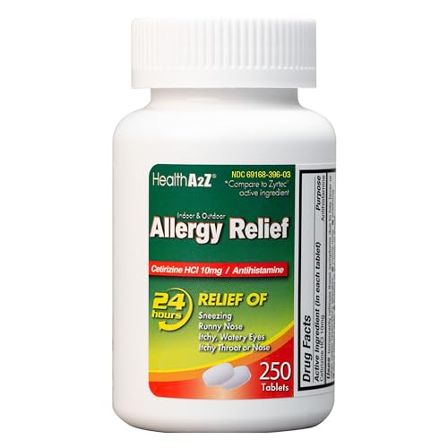 HealthA2Z® Allergy Relief | Cetirizine 10mg | All Day Allergy Relief | Indoor & Outdoor | Relief from Itchy Throat, Sneezing, Runny Noses (250 Count (Pack of 1))