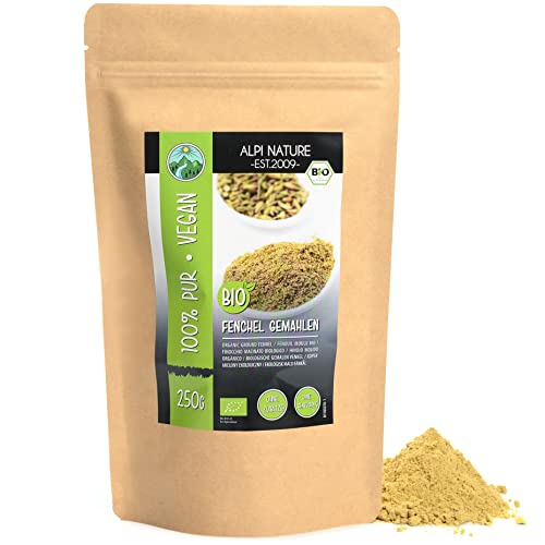 Hinojo orgánico molido (250g), hinojo orgánico en polvo, semillas de hinojo molidas de cultivo orgánico, 100% natural, sin aditivos, semillas de hinojo molidas orgánicas