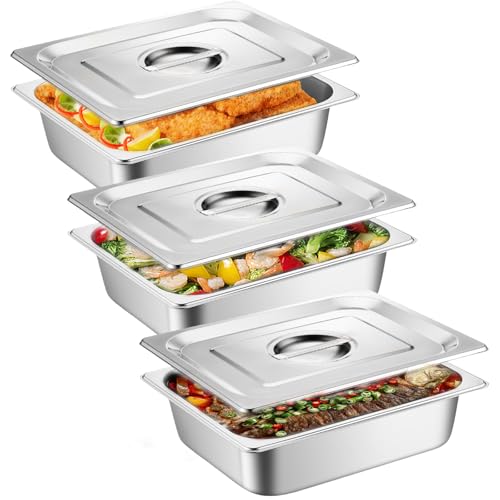 GOMETY Lot de 3 bols à panure, récipients GN 1/3 en acier inoxydable avec couvercle, lot de 3 bols pour paner, idéal pour les plats et les plats à frire 32,5 x 17,6 x 6,5 cm