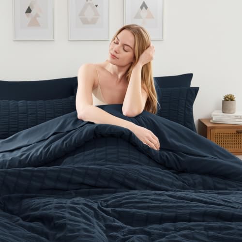 Image of HIMEET King Size Comforter Set - 7 Pieces Seersucker Bed in a Bag, Boho Bedding Sets for Bedroom Decor, All Season Home Essential Bed Set with Comforter, Sheets, Pillowcases & Shams, Navy Blue