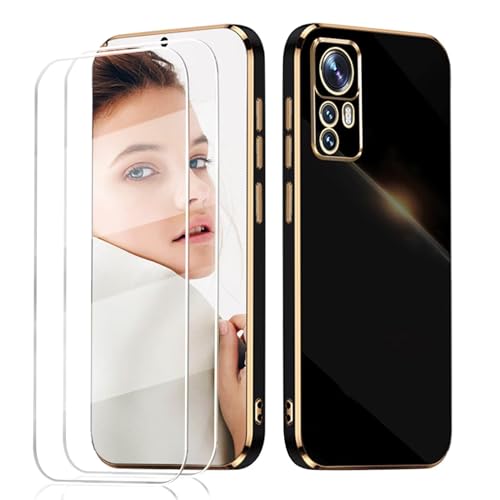 LENGRACE para XiaoMi 12T Pro Borde Chapado Carcasa con 2 Protector Pantalla,Galvánico Silicona TPU Anti-Choque Antigolpes Funda-Negro