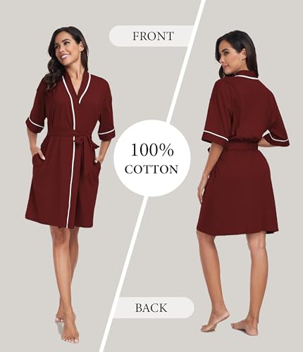 Image of ANLIQI Womens 100% Cotton Robes Lightweight Summer Short Sleeve Lady Bathrobe Knee Length Kimono Robe Sleepwear with Pockets