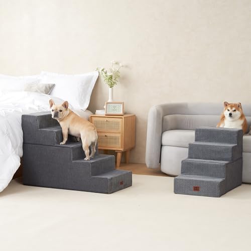 Image of EHEYCIGA Dog Stairs for High Bed 25 inch H, 5-Step Extra Wide Dog Steps for Bed, Pet Steps for Small Dogs and Cats, Non-Slip Balanced Pet Ramp Indoor, Grey