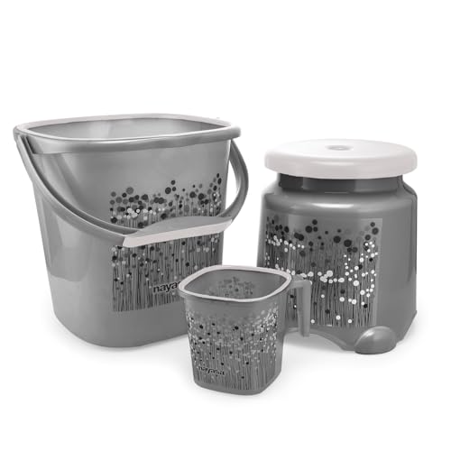 Image of Nayasa Square Ring Funk Plastic Bathroom Bucket Set with Mug & Stool | 18 Liters Bucket + 1.5 Liters Mug | Set of 3 | Black