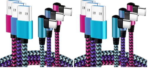 Image of Teeind USB Type C Cable 2.1A Fast Charging: [90 Degree /6ft /3Pack] Nylon USB C Cord Right Angle Compatible with Samsung Galaxy S23 /S22 /9 /Note 10, USB C Charger-Blue /Magenta /Purple (Pack of 2)