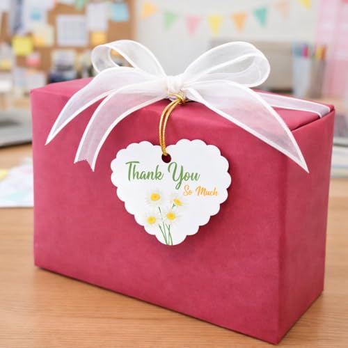 Image of CVANU Heart Shaped Thank You Tags 100-Pcs with Golden String, Floral Design Gift Tags for Wedding Favors| Birthday Party| Small Business Packaging (2.16x2.36 inch) D5