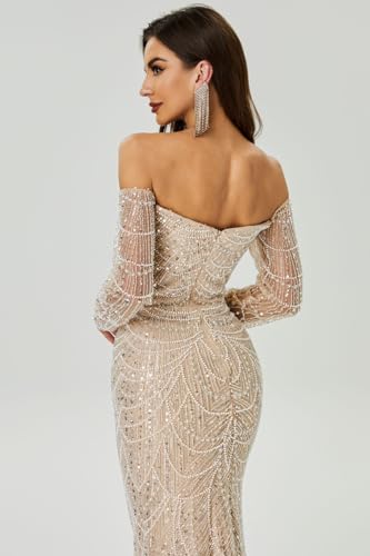Datangep Luxury Bead Champagne Prom Dresses Off Shoulder Long Sleeves Mermaid Evening Dress Formal Party Gowns3