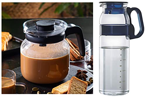 Image of Borosil Carafe Flame Proof Glass Kettle with Stainer, 1L & Marina Jug with Plastic Handle, 1.3 litres, Transparent Combo