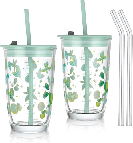 Image of Glass Tumbler with Scale, Straw and Lid, Portable Glass Drinking Jar with Lemon Pattern, Thick Glass Cup for Coffee Juice Milkshake (430ML, Pack of 1, Multicolor)
