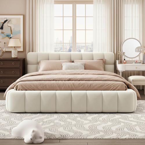 EZSSW Polsterbett 140x200 cm Bubble Bett Doppelbett mit Lattenrost, Flachbett Jugendbett mit weicher Rückenlehne, niedriges Bettgestell aus Leinen, Beige, ohne Matratze