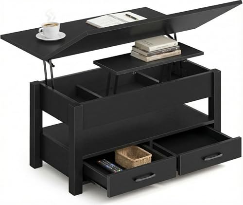 Black Lift Top Coffee Table with Storage, Multi-Function Convertible Coffee