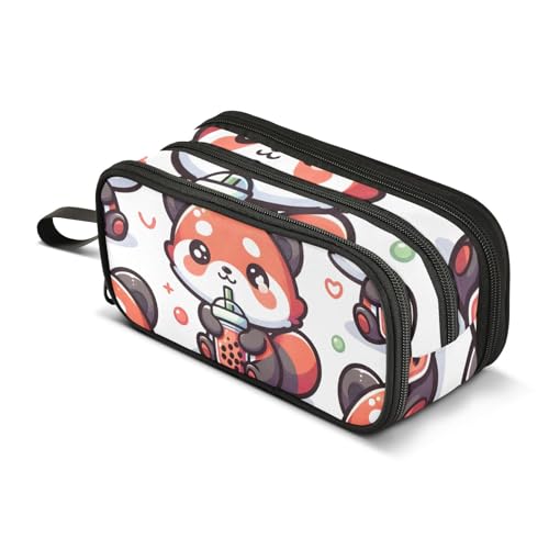 Image of Bolaz Cute Red Panda with Bubble Tea Cartoon Pencil Case Large Capacity Pen Bag with Compartment Students Stationery Organizer Pencil Pouch Marker Case for School Office Work