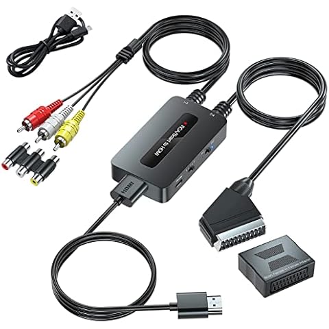 2 In 1 RCA/Scart to HDMI Dual Mode Converter, Support 4:3/16:9 Aspect Ratio Output Switch, Composite AV RCA to HDMI Converter Cover