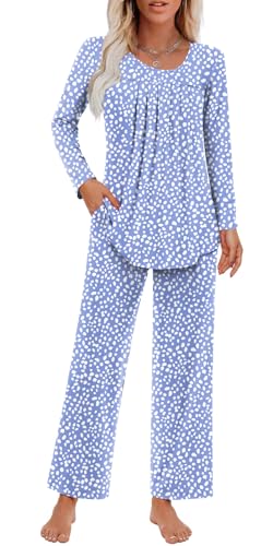 Findsweet Women's Pajama Set 2 Piece Lounge Outfits Soft Sleepwear Fall Long Sleeve Long Pant With Pockets Ladies Pjs XL, Speckled Blue