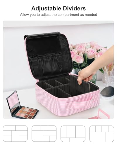 Image of Relavel Travel Makeup Train Case, Portable Cosmetic Case Makeup Organizer, Professional Artist Storage Bag with Adjustable Dividers for Cosmetics Brushes, Birthday Gifts for Girls, Pink Stripe