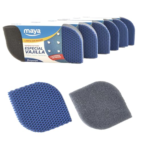 MAYA Estropajo EVO para Vajillas. Limpia sin Rayar. No Deja Restos de Comida. Lavables en Lavavajillas y Lavadora. Dimensiones 12x8,5x2,5 cm Pack de 12 Estropajos (Azul)