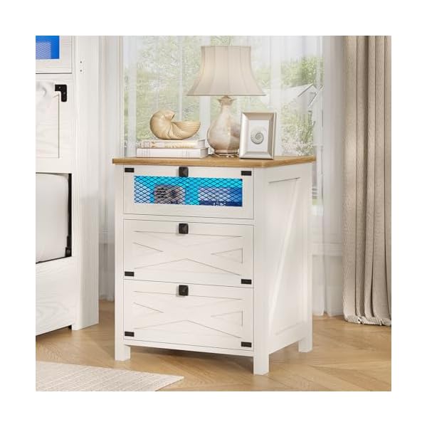 Hasuit farmhouse night stand set of 2 for bedroom rustic vintage white nightstand with charging station and led lights bedside table with 3 drawers retro side end table with storage  urban country home decor