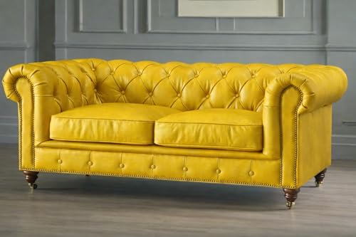 Image of UMAR ARTS Luxury Chesterfield Leatherate Sofa Set, Tufted Genuine Leatherate, Classic Living Room Furniture (Yellow 3+2+1)