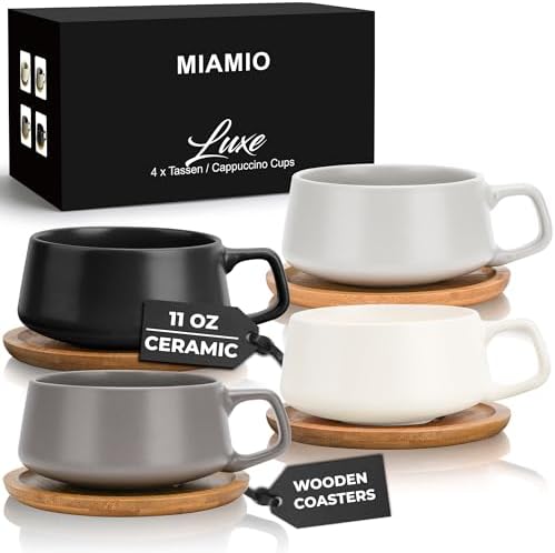 MIAMIO – 11 Oz., Set of 4 Ceramic Tea Cup and Saucer Bamboo/Tea M...