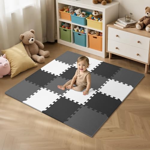 16 Tiles Baby Play Mat for Floor, EVA Foam Baby Floor Play Mat with 0.6 Inch Thick Interlocking Foam Tiles, Foam Floor Tiles for Baby, Toddlers and Kids (Gray-White- Black, 16PCS)