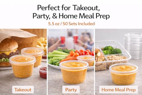 Image of 5.5 oz Clear Plastic Souffle Cups, BPA Free Portion Cups with Lids, 50 Sets | Perfect for sauces, dressings, condiments, samples, snacks and portion control applications