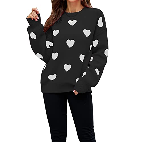 Image of Cute Sweaters for Women Girls Lovely Heart Printed Loose Casual Oversized Sweaters Crewneck Long Sleeve Pullover Knit Top (as1, Alpha, m, Regular, Regular, Standard, Black, Medium)
