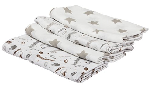 Image of Bacati - 4 Pack Sports Baby Swaddle Blankets Boys Swaddle Wrap Soft Breathable Cotton Muslin Swaddle Blankets Receiving Blanket for Boys, Large 45 x 45 inches (Football Brown/Grey)