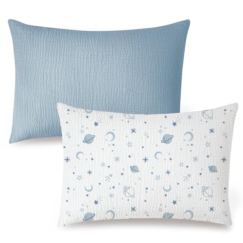 Konssy Muslin Toddler Pillowcase 13x18 2 Pack 100% Cotton Toddler Pillow Case for Kids Boys Girls Soft & Snug Fit Baby Pillow Covers with Envelope Closure (Star Blue)