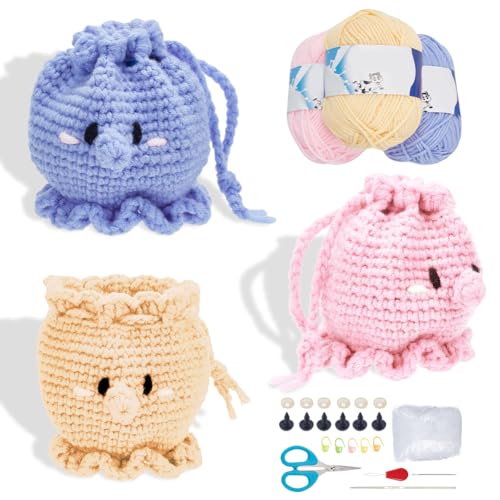 FREEBLOSS Häkelset für Anfänger Oktopusse Häkelset Häkelset Tiere Häkeltaschen Crochet Set mit Video Tutorials Häkeln Stricken Nadeln Kit Komplettes DIY Set für Erwachsene