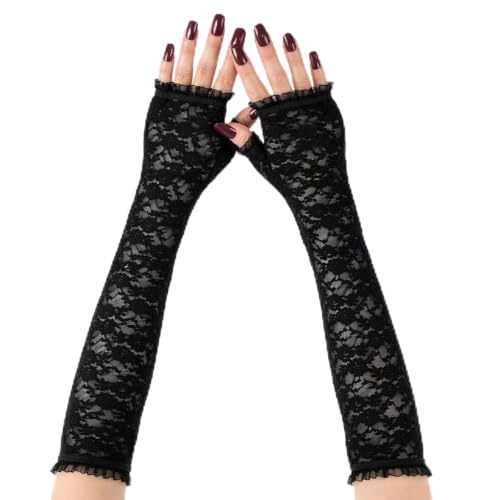 Image of Women's Long Lace Fingerless Gloves Elbow Length Floral Vintage Gloves