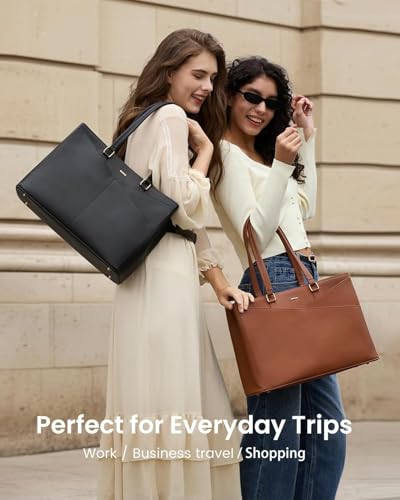 Image of LOVEVOOK Laptop Tote Bag for Women 15.6 Inch Leather Work Bags with Large Cup Holder for Teacher Work Business,Black