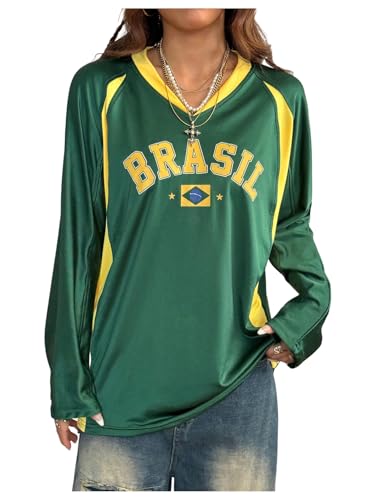 SOLY HUX Women's Y2k Brazil Jersey Shirt Letter Graphic Tees V Neck Long Sleeve Oversized Tops Streetwear