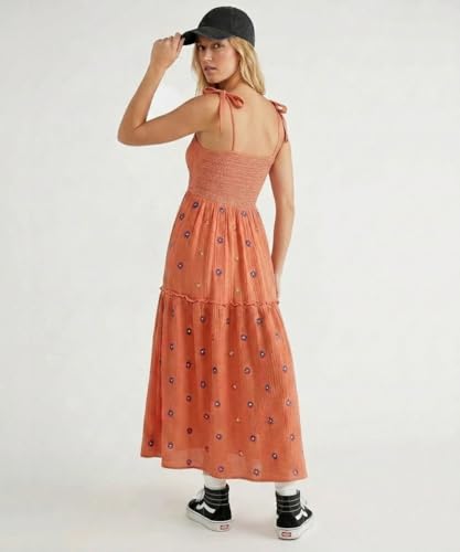 Image of Women Floral Embroidered Maxi Dress Boho Sleeveless Tie Strap Shoulder Dresses Smocked Summer Sundress with Pockets