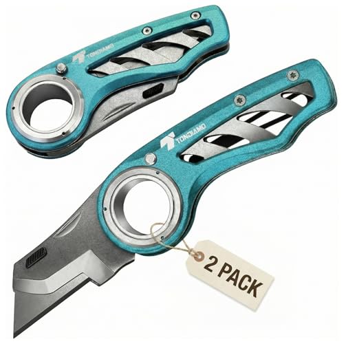 Image of Tondiamo 2 Pcs Folding Pocket Utility Knife Heavy Duty Box Cutter Folding Razor Knife with Anti Slip Finger Loop Easy Change Blades 3 Lock Positions Design (Emerald Green)
