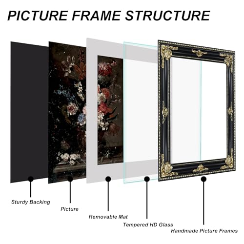 Image of Gothic Black 11x14 Vintage Picture Frame for Wall Hanging, Real Glass, Ornate Victorian Baroque Frames with Mat for 8x10 or 11 x 14 Photos