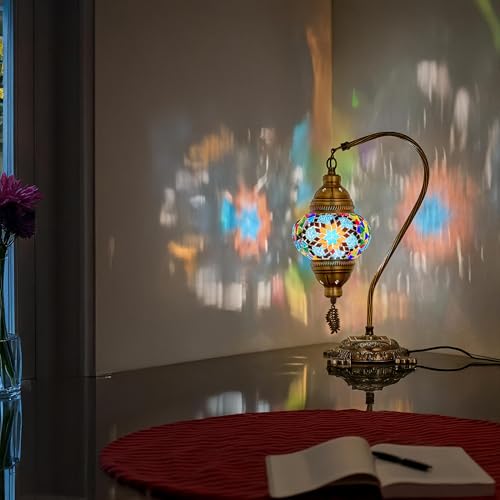 DEMMEX Turkish Moroccan Mosaic Table Lamp–Handcrafted Tiffany-Style Colorful Glass Swan Neck Bedside, Desk Light, Boho Artisan Accent Lighting for Bedroom, Living Room–38cm H, Blue&Multi