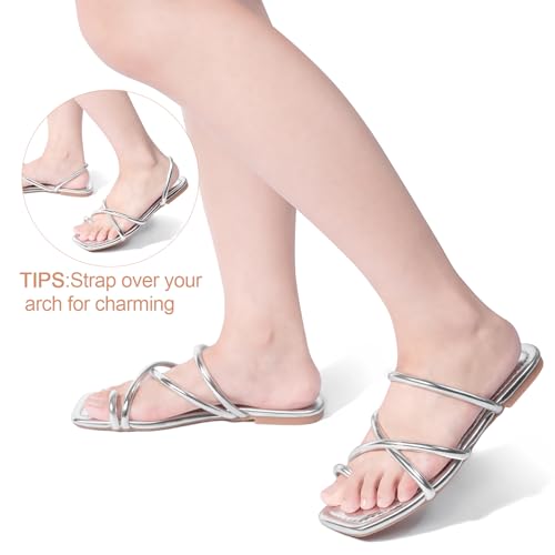 Image of FITORY Women's Slide Sandals Flat Toe Ring Thongs with Cross Strap for Summer Size