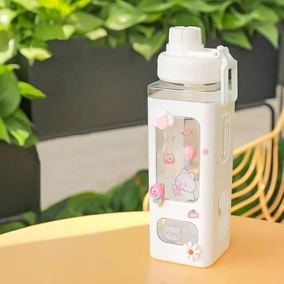Morecare Water Bottle With Straw & Sticker,Kawaii Bear Water Bottle,Large Sport Plastic Portable Square Drinking Bottle For Girl,Cute Juice Tea Water Cups 900ml White (pack of-1)
