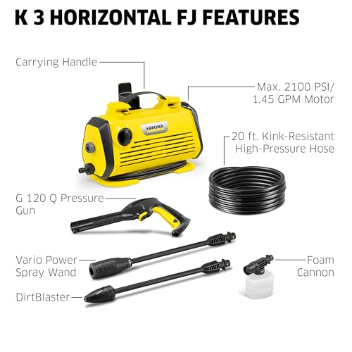 Image of Karcher Pressure Washer K 3 Horizontal FJ, Vario Power Spray Wand, Dirt Blaster, Foam Cannon -for Cars, Decks, Driveways, Siding, Patios, max. 2100 PSI 1.45 max. GPM