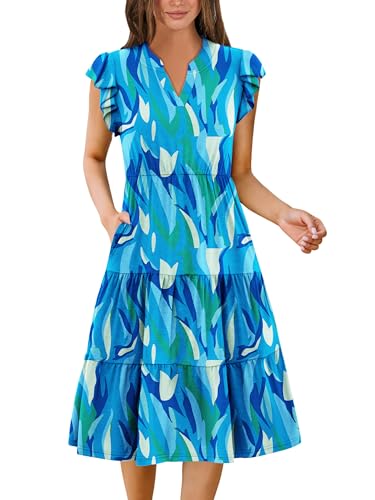 Image of ZEAGOO Womens Summer Casual Dresses Ruffle Sleeve V Neck Midi Dress Flowy Tiered Dress with Pockets Boho Sundresses