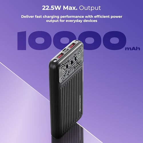 Image of Zebronics EnergiPod 10R4 Power Bank, 10000mAh, 22.5W Rapid Charging, PD 3.0 Type-C Output, Dual USB Output, LED Percentage Display, Torch Light, Multiple Protection, Mobile /Tablet Compatible